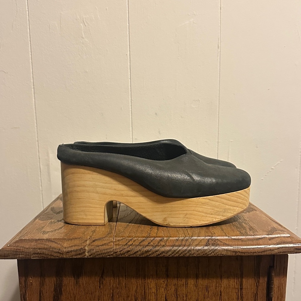 Free People Black Leather Platform Mules